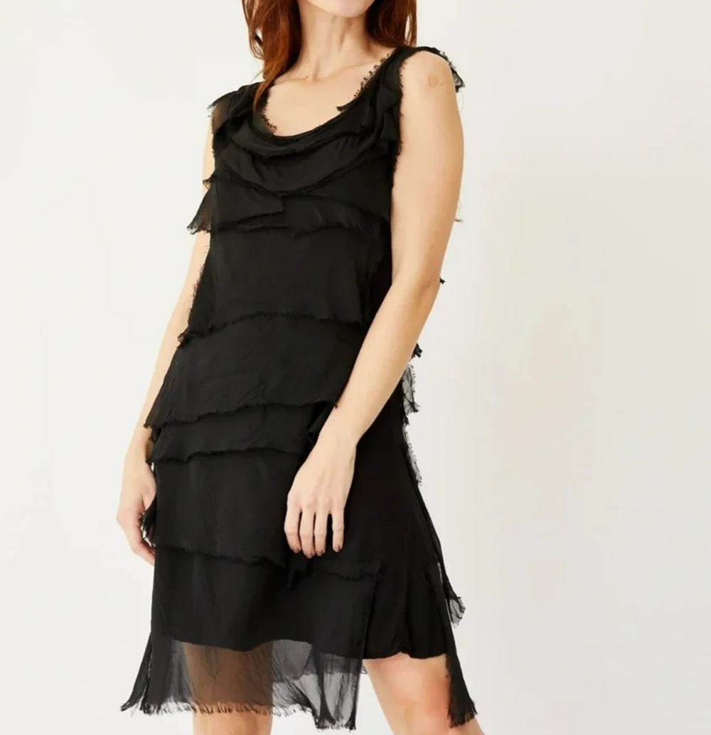 Gigi Moda Siena Ruffle Short Dress One Size Black Silk LBD Stretch Layered Italy